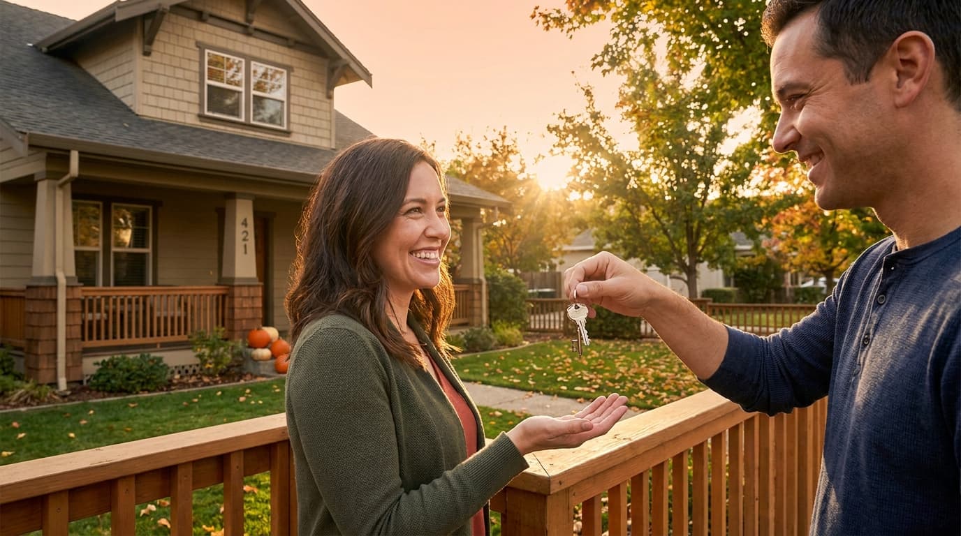 Elk Grove home buyers receiving their house keys on the front porch after their escrow recorded
