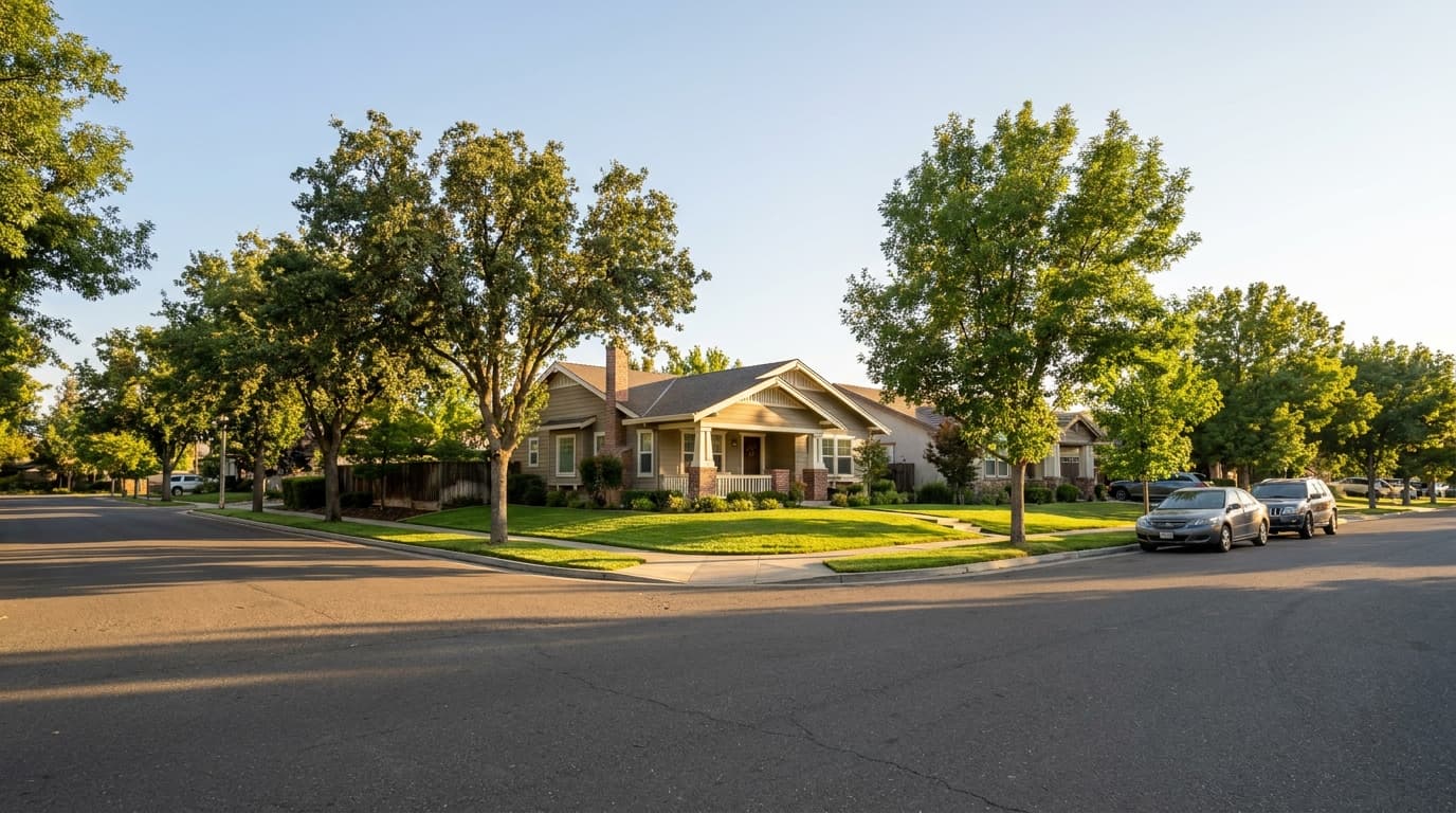 A single story Elk Grove California home on a quiet suburban street at golden hour in 2026