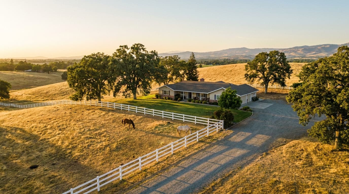 A single story ranch home on acreage with a horse pasture and oak trees in Wilton, California near Elk Grove